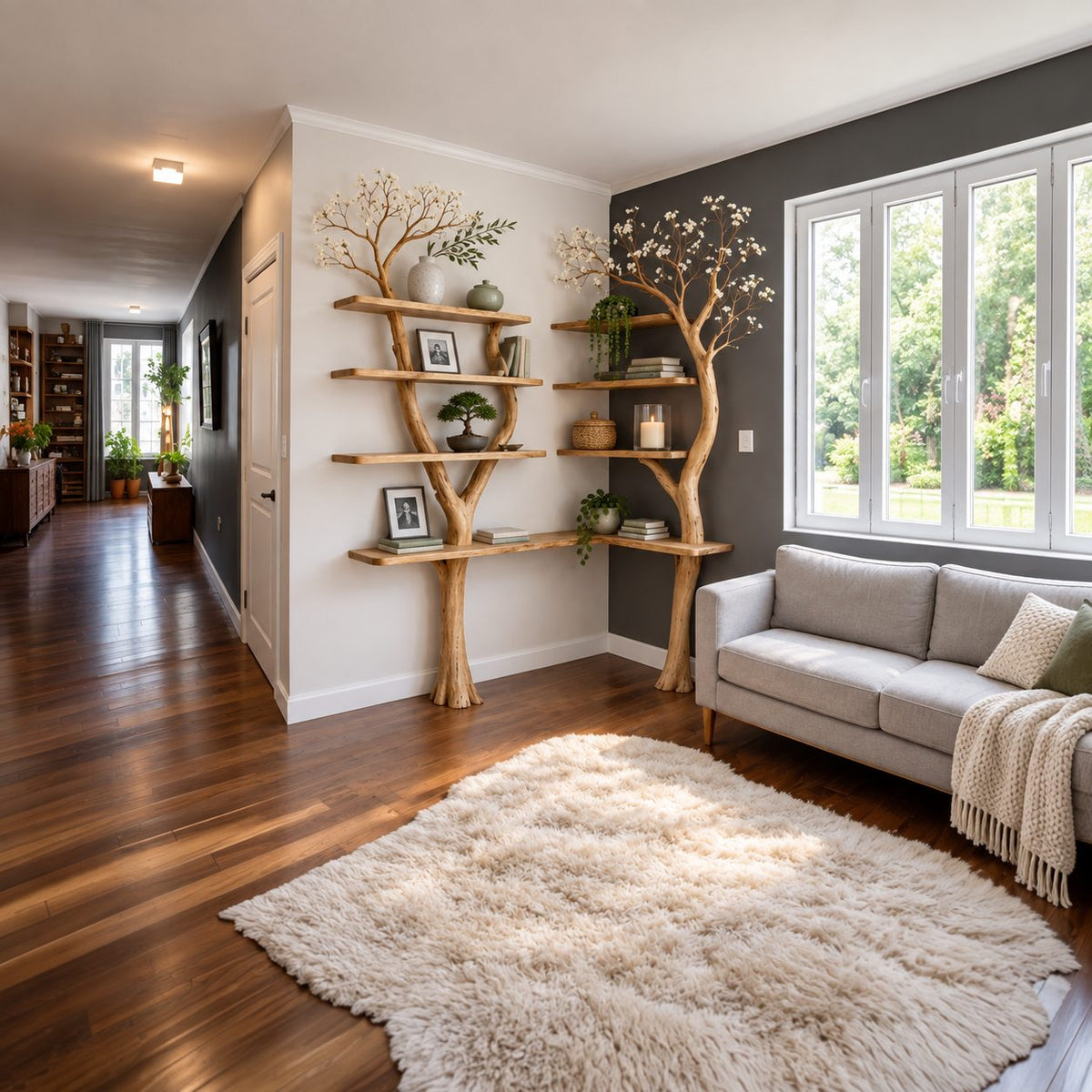 Double Tree Corner Bookshelf with Two Slender Trunks and L Shaped Base Shelf, Living Room Display