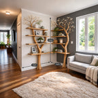 Double Tree Corner Bookshelf with Two Slender Trunks and L Shaped Base Shelf, Living Room Display