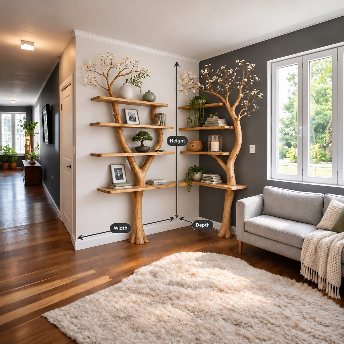 Double Tree Corner Bookshelf with Two Slender Trunks and L Shaped Base Shelf, Living Room Display