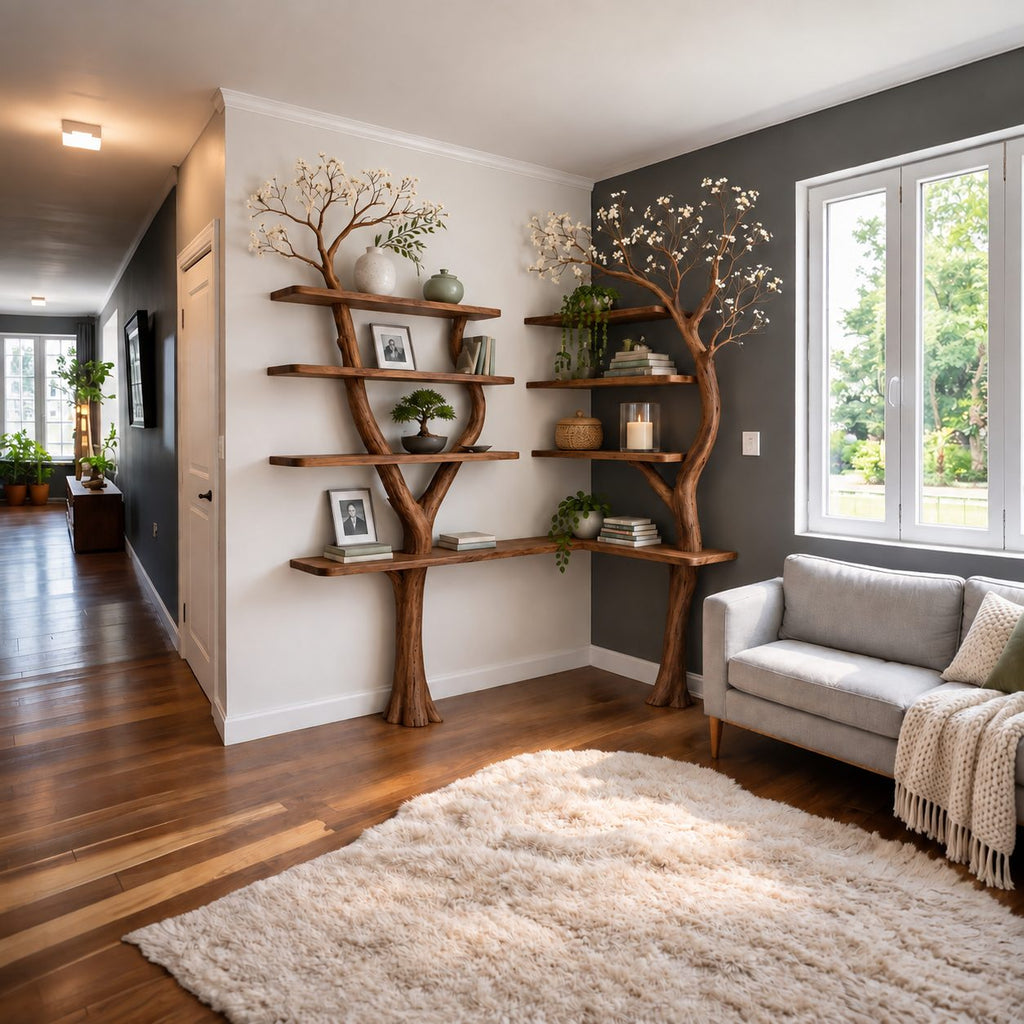 Double Tree Corner Bookshelf with Two Slender Trunks and L Shaped Base Shelf, Living Room Display