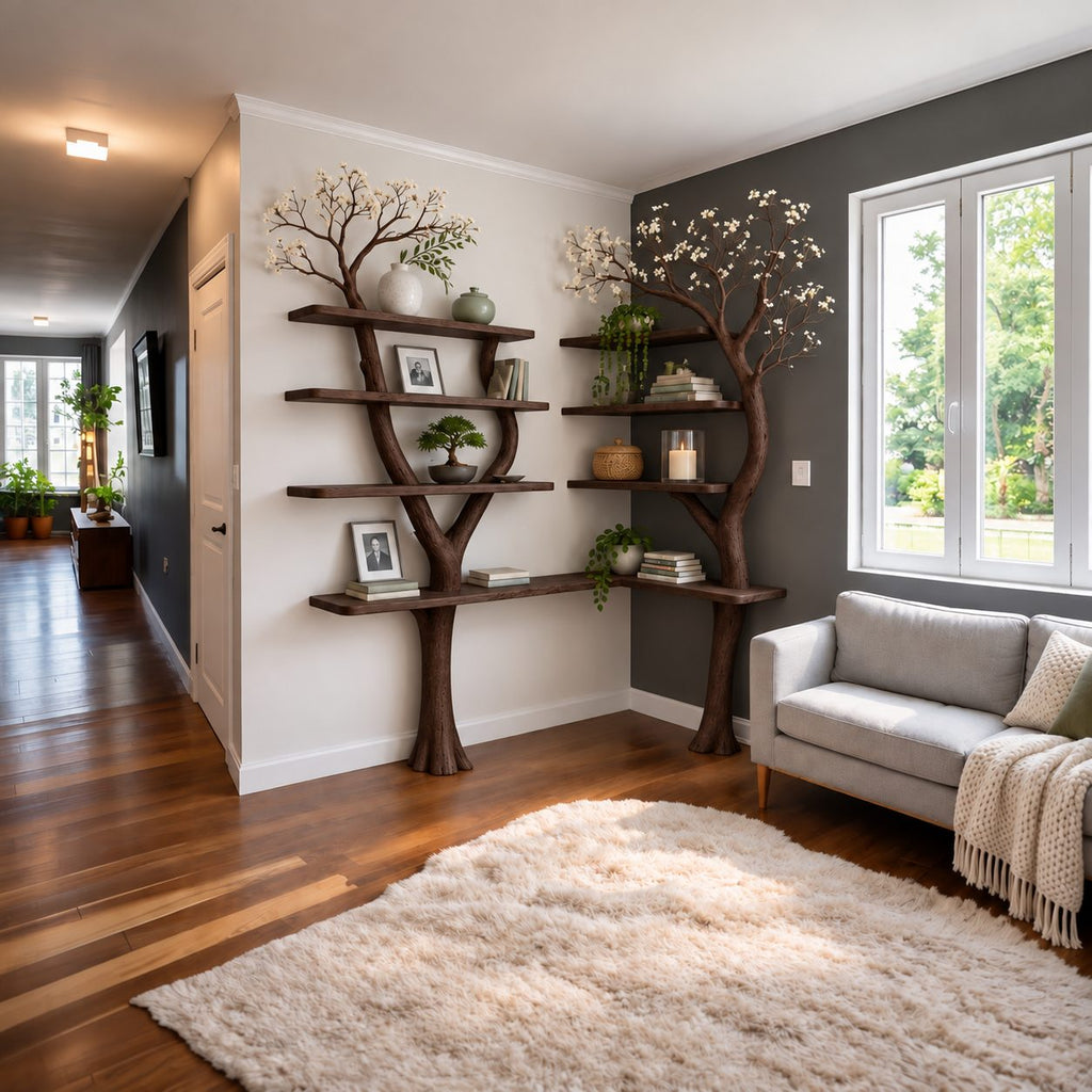 Double Tree Corner Bookshelf with Two Slender Trunks and L Shaped Base Shelf, Living Room Display