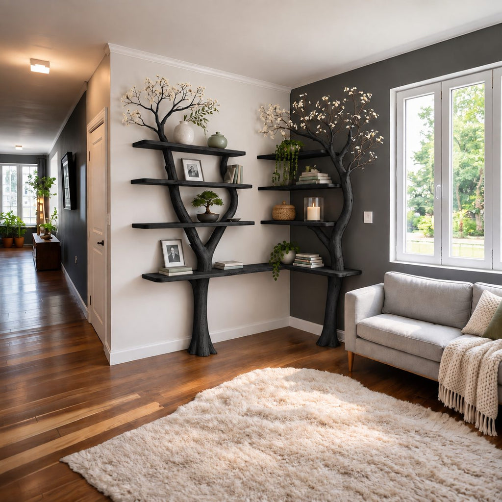 Double Tree Corner Bookshelf with Two Slender Trunks and L Shaped Base Shelf, Living Room Display