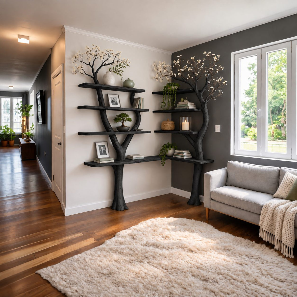 Double Tree Corner Bookshelf with Two Slender Trunks and L Shaped Base Shelf, Living Room Display