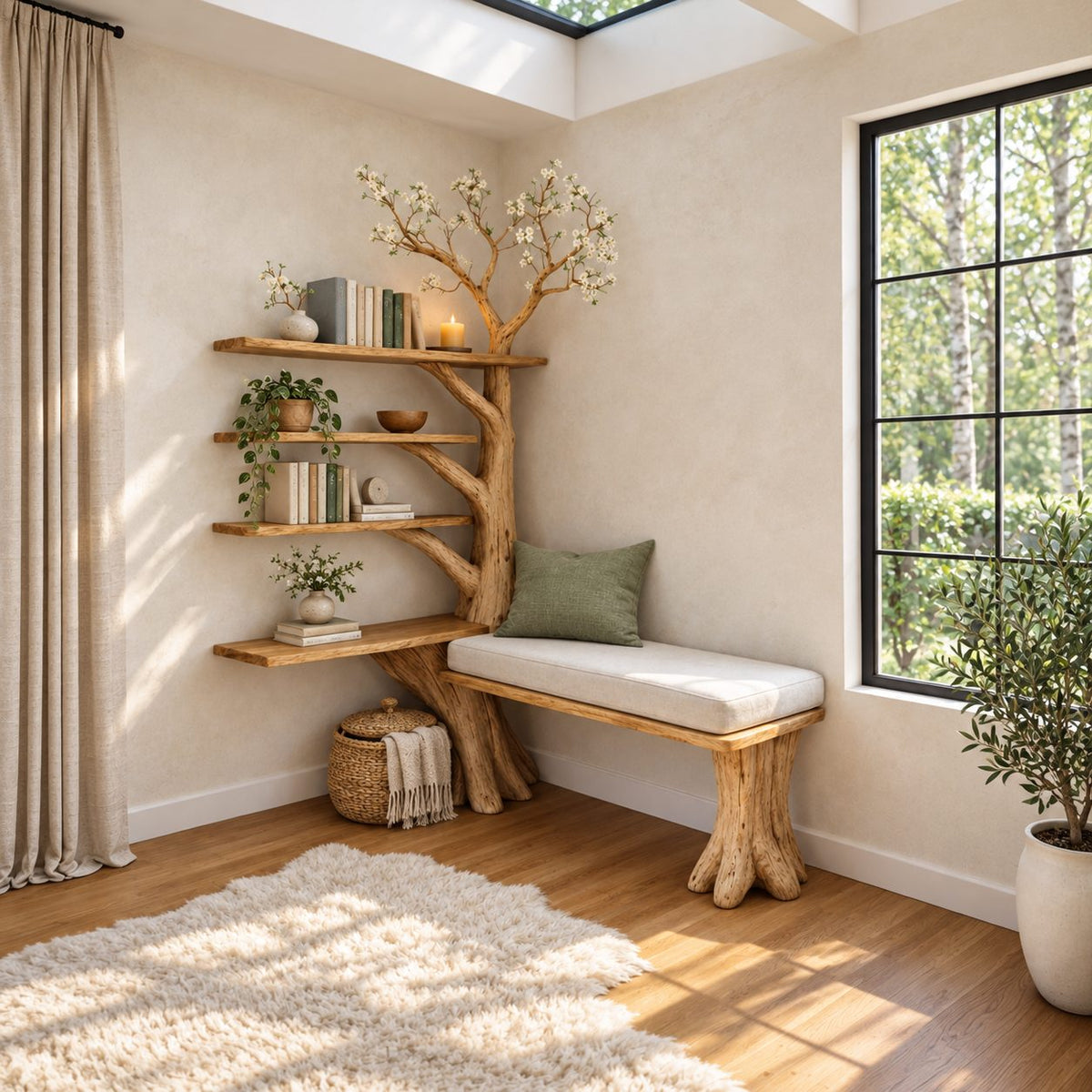 Corner Tree Bookshelf with Window Bench Seat and Four Branch Shelves, Reading Nook Bookcase 80 Inch