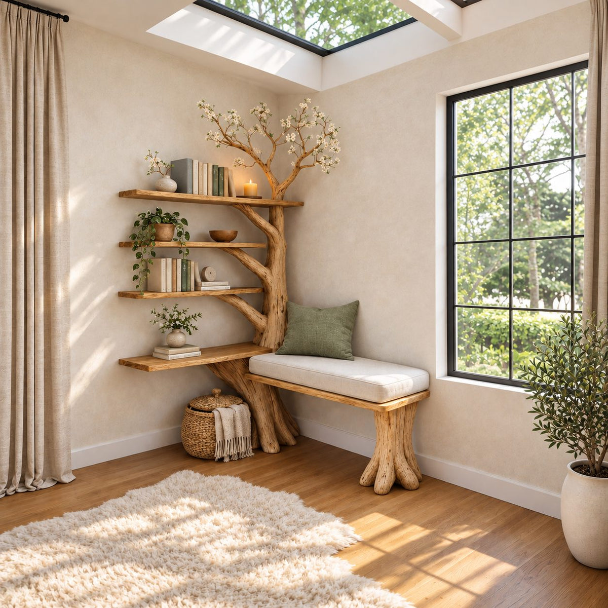 Corner Tree Bookshelf with Window Bench Seat and Four Branch Shelves, Reading Nook Bookcase 80 Inch