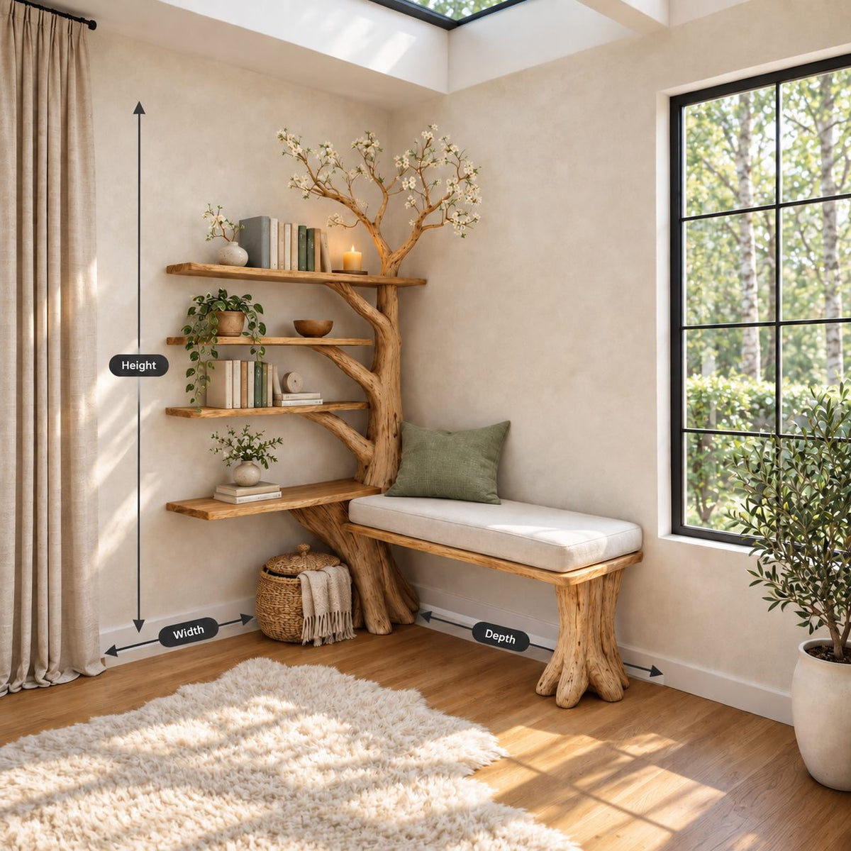 Corner Tree Bookshelf with Window Bench Seat and Four Branch Shelves, Reading Nook Bookcase 80 Inch