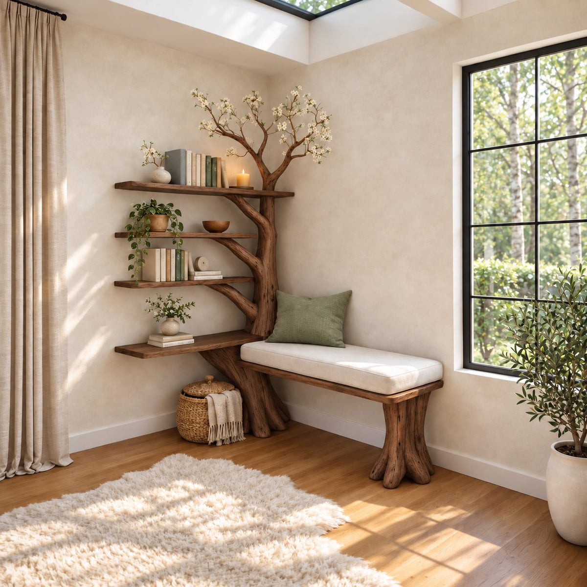 Corner Tree Bookshelf with Window Bench Seat and Four Branch Shelves, Reading Nook Bookcase 80 Inch