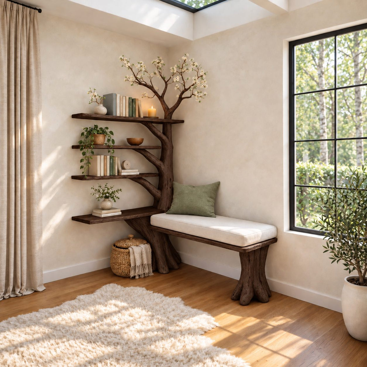 Corner Tree Bookshelf with Window Bench Seat and Four Branch Shelves, Reading Nook Bookcase 80 Inch