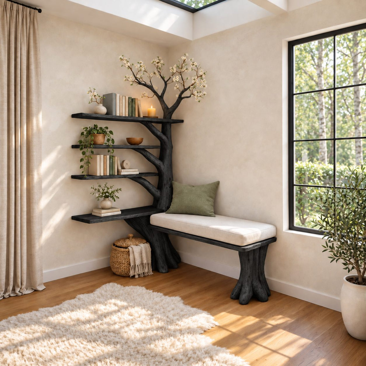 Corner Tree Bookshelf with Window Bench Seat and Four Branch Shelves, Reading Nook Bookcase 80 Inch
