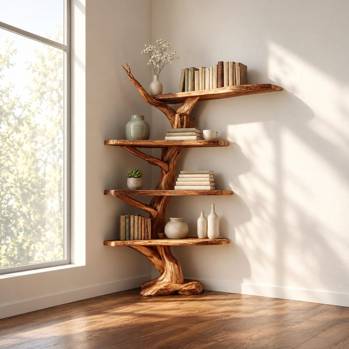Twisting Trunk Corner Tree Shelf with Live Edge Tiers and Long Top Shelf, Rustic Corner Bookcase