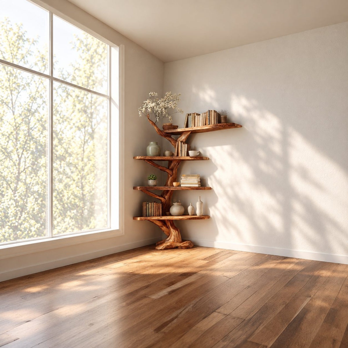 Twisting Trunk Corner Tree Shelf with Live Edge Tiers and Long Top Shelf, Rustic Corner Bookcase
