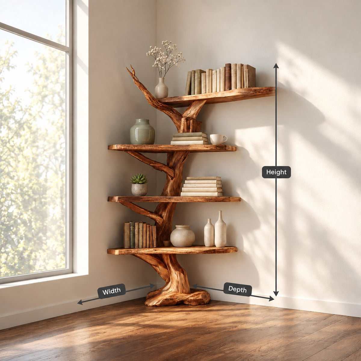Twisting Trunk Corner Tree Shelf with Live Edge Tiers and Long Top Shelf, Rustic Corner Bookcase