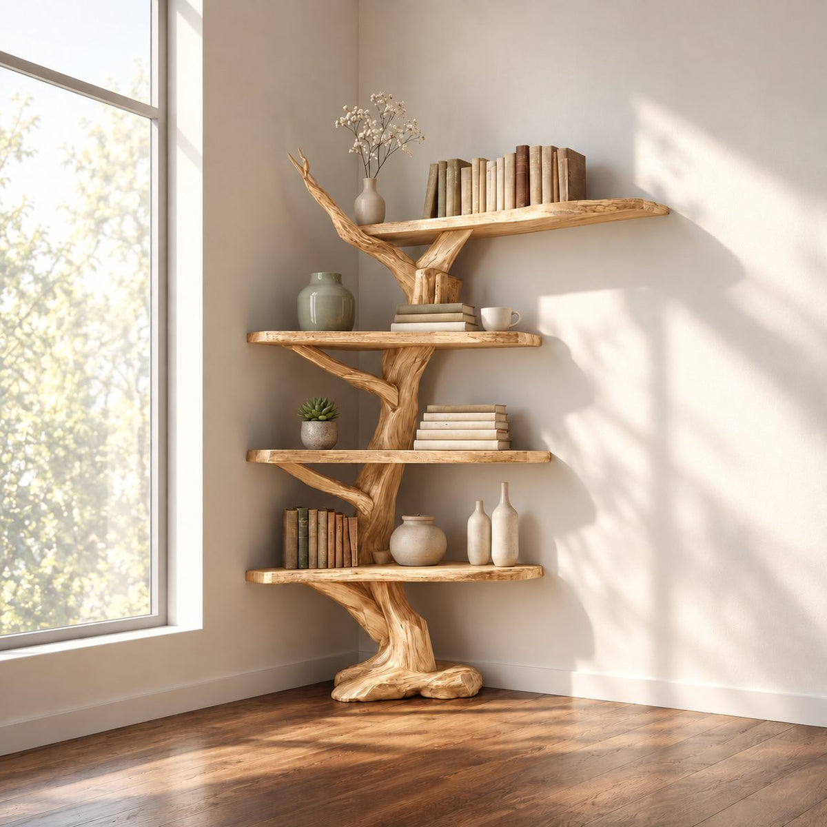 Twisting Trunk Corner Tree Shelf with Live Edge Tiers and Long Top Shelf, Rustic Corner Bookcase