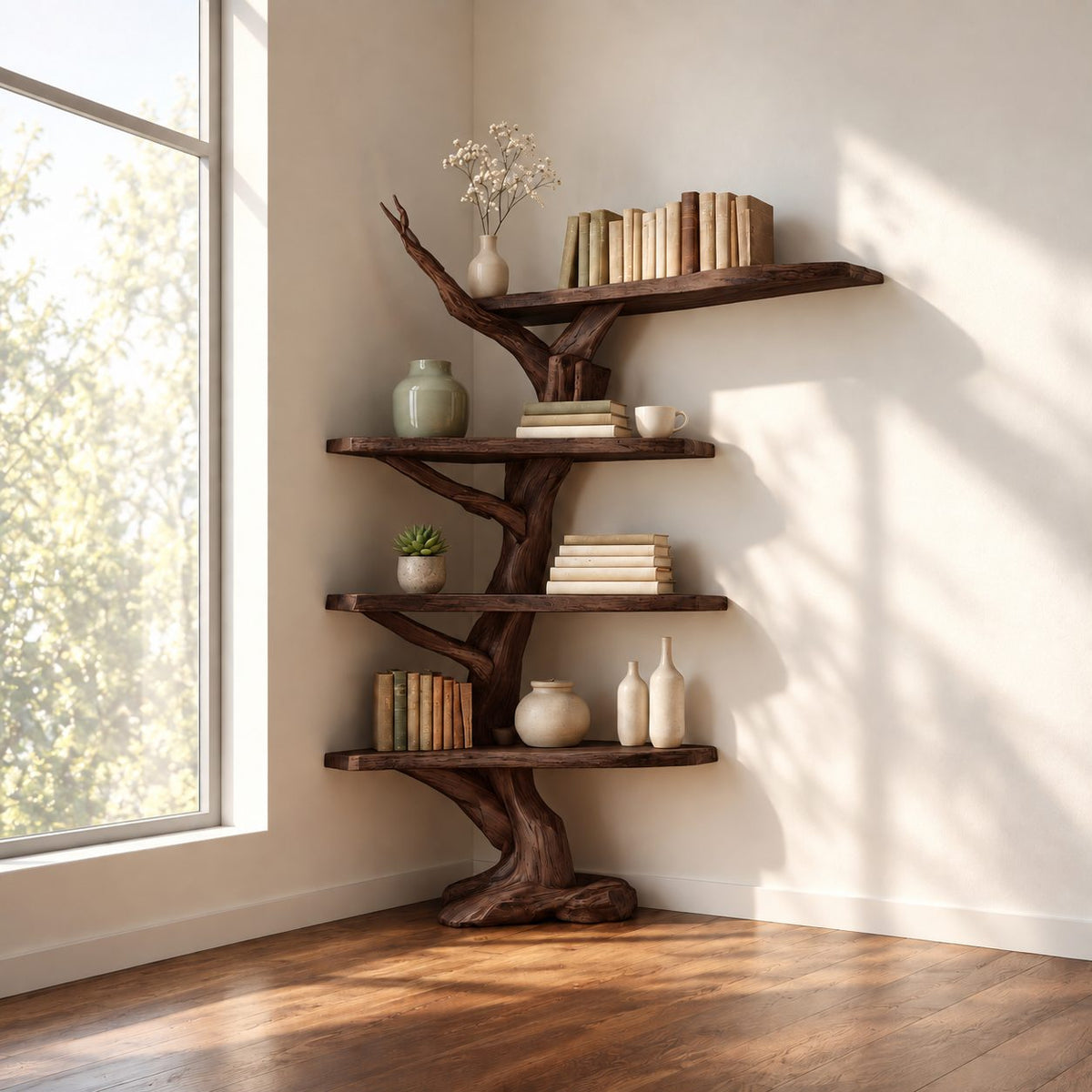 Twisting Trunk Corner Tree Shelf with Live Edge Tiers and Long Top Shelf, Rustic Corner Bookcase