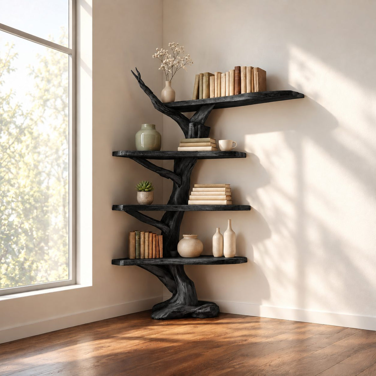 Twisting Trunk Corner Tree Shelf with Live Edge Tiers and Long Top Shelf, Rustic Corner Bookcase