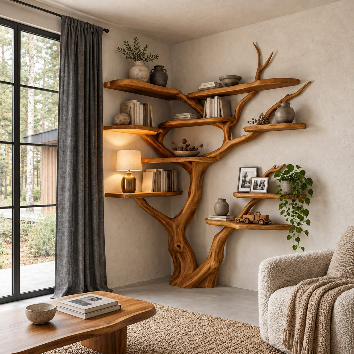 Asymmetrical Corner Tree Bookshelf with Staggered Live Edge Shelves and Curling Branch Tips, 75 Inch