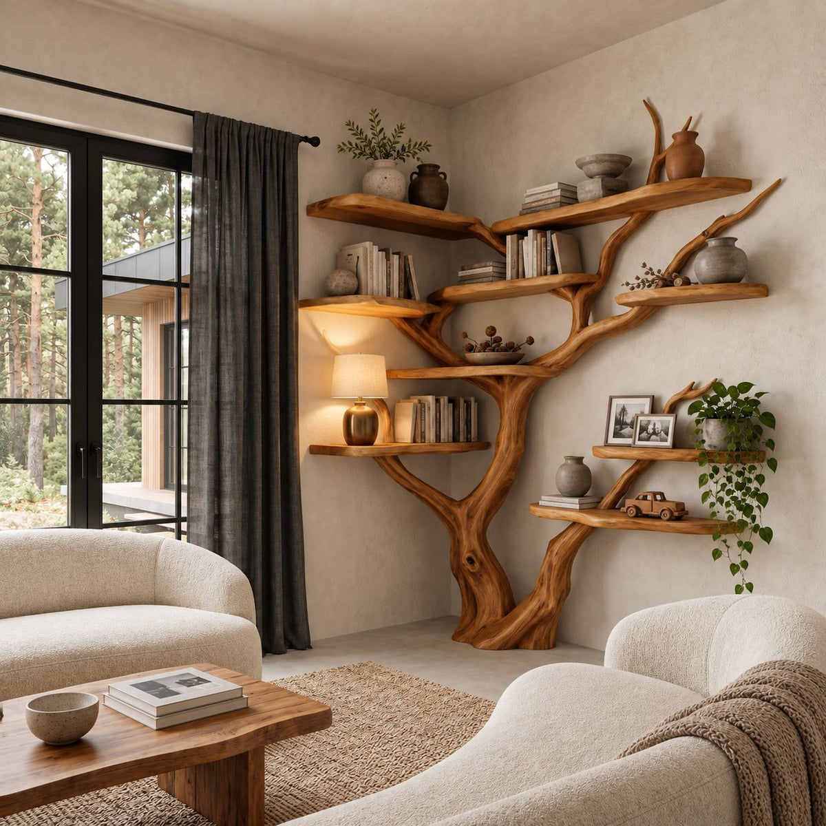 Asymmetrical Corner Tree Bookshelf with Staggered Live Edge Shelves and Curling Branch Tips, 75 Inch