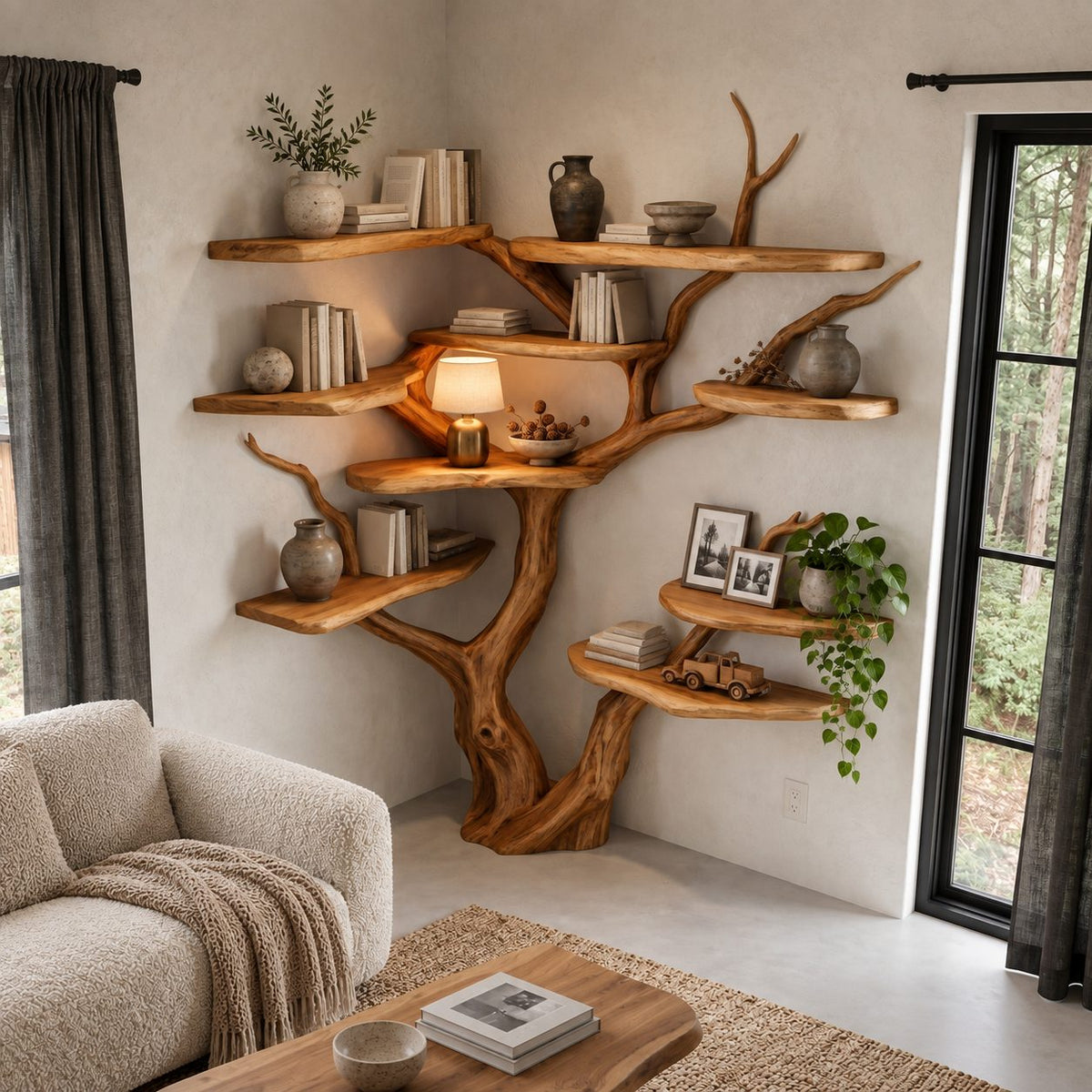 Asymmetrical Corner Tree Bookshelf with Staggered Live Edge Shelves and Curling Branch Tips, 75 Inch
