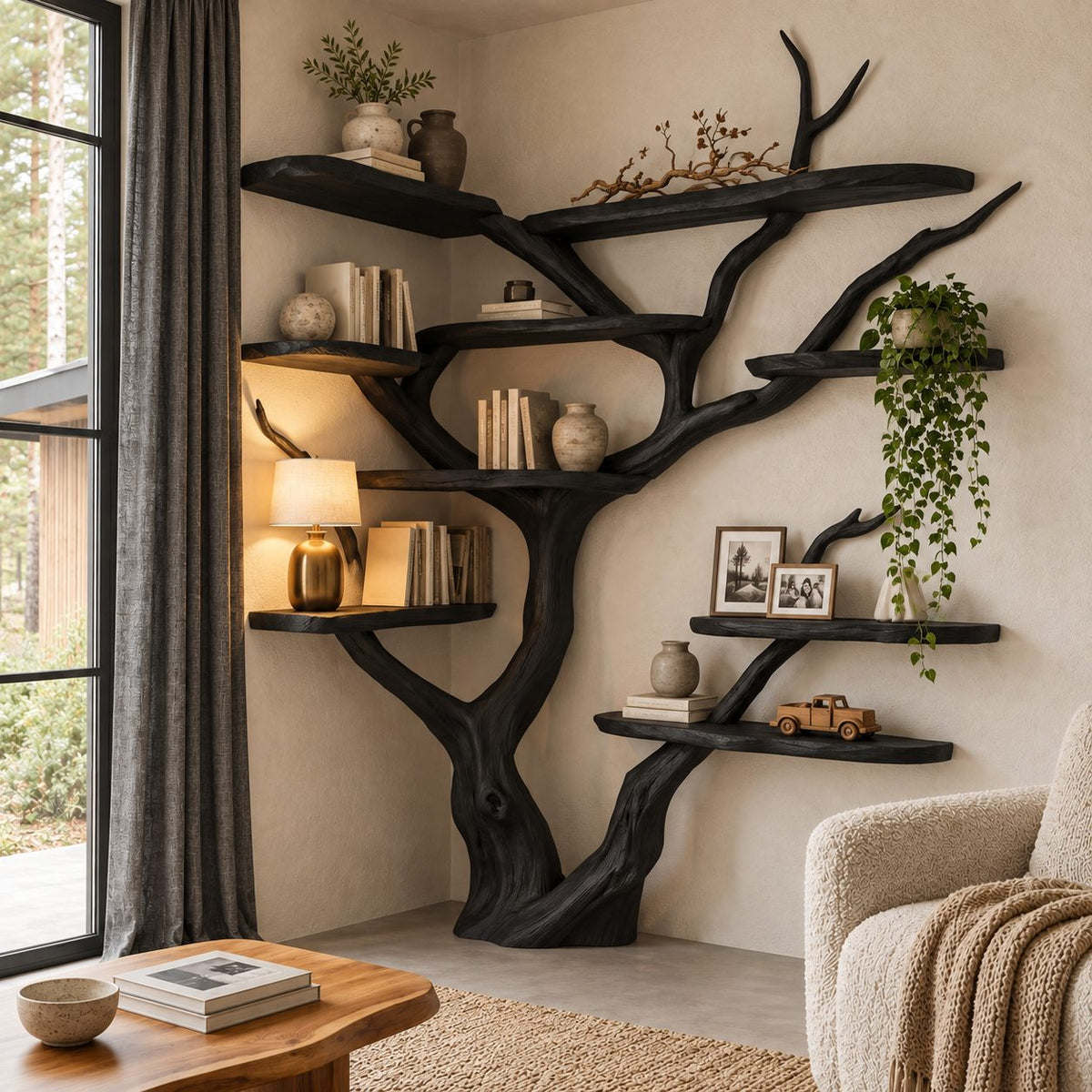 Asymmetrical Corner Tree Bookshelf with Staggered Live Edge Shelves and Curling Branch Tips, 75 Inch