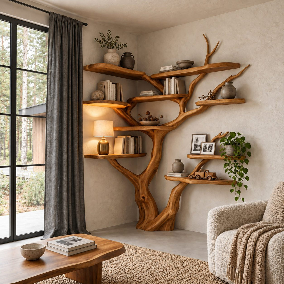Asymmetrical Corner Tree Bookshelf with Staggered Live Edge Shelves and Curling Branch Tips, 75 Inch