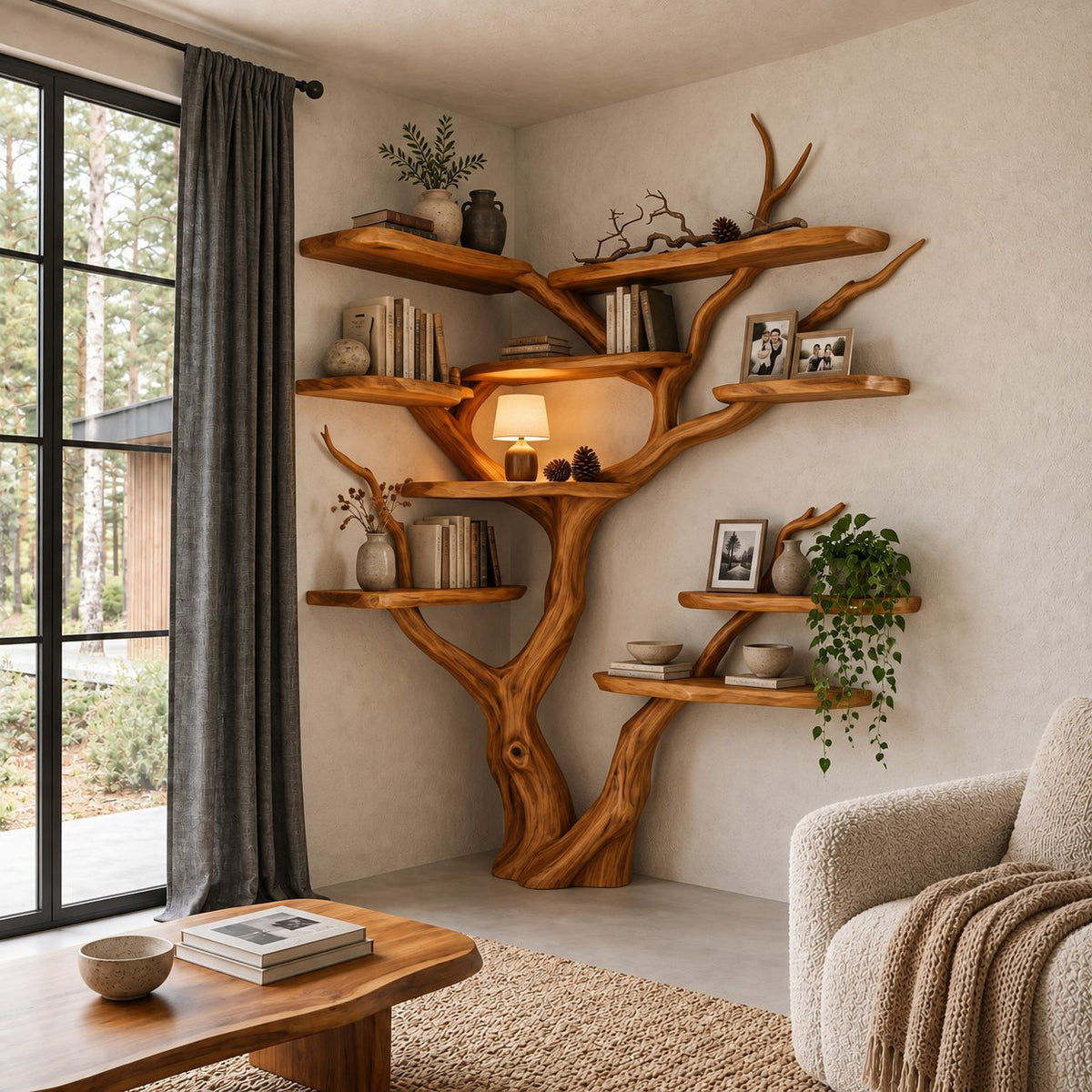 Asymmetrical Corner Tree Bookshelf with Staggered Live Edge Shelves and Curling Branch Tips, 75 Inch