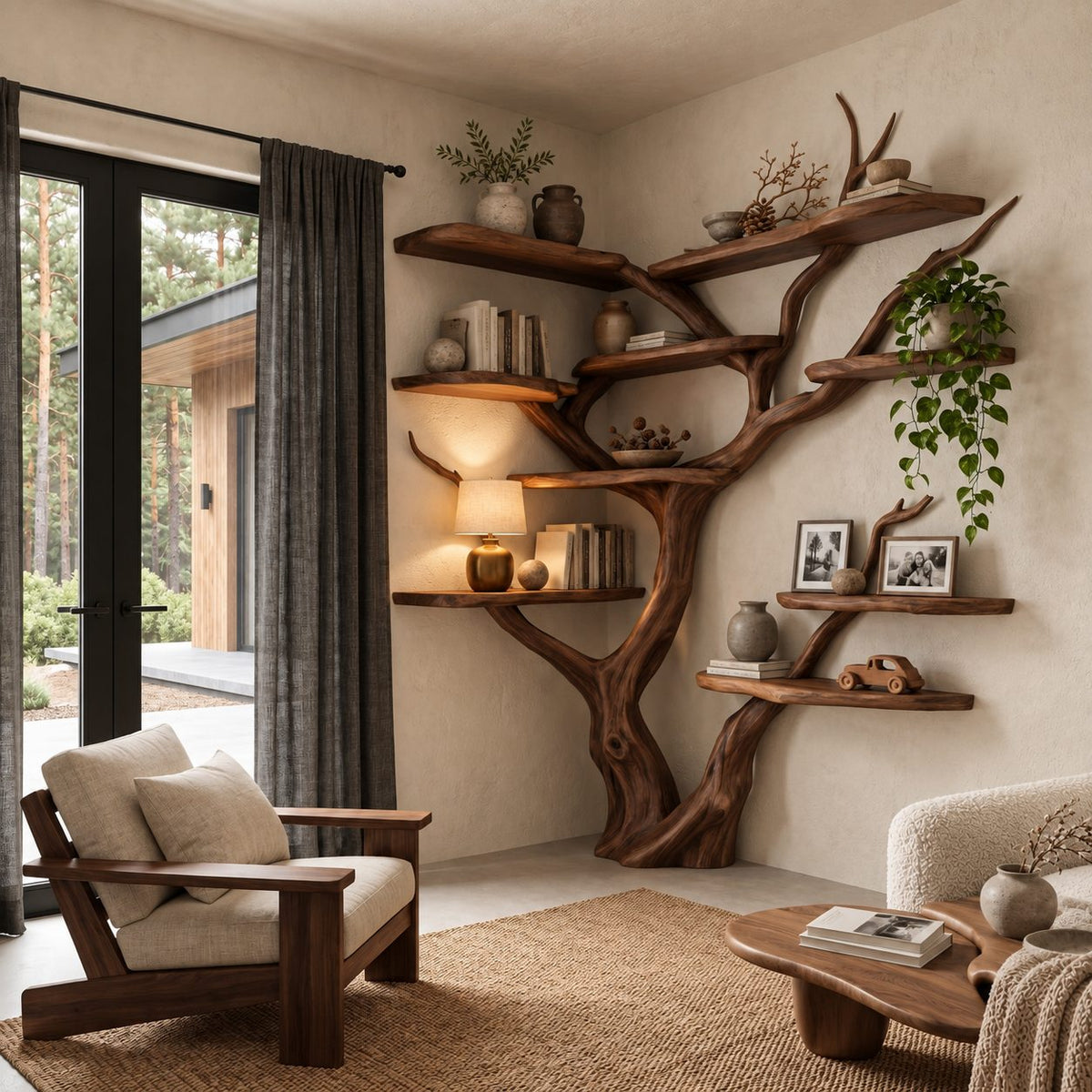 Asymmetrical Corner Tree Bookshelf with Staggered Live Edge Shelves and Curling Branch Tips, 75 Inch