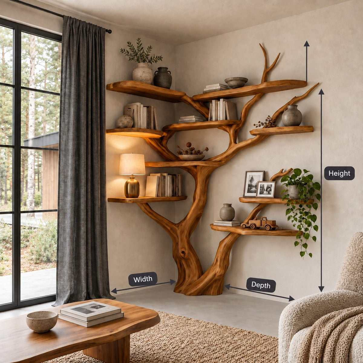 Asymmetrical Corner Tree Bookshelf with Staggered Live Edge Shelves and Curling Branch Tips, 75 Inch