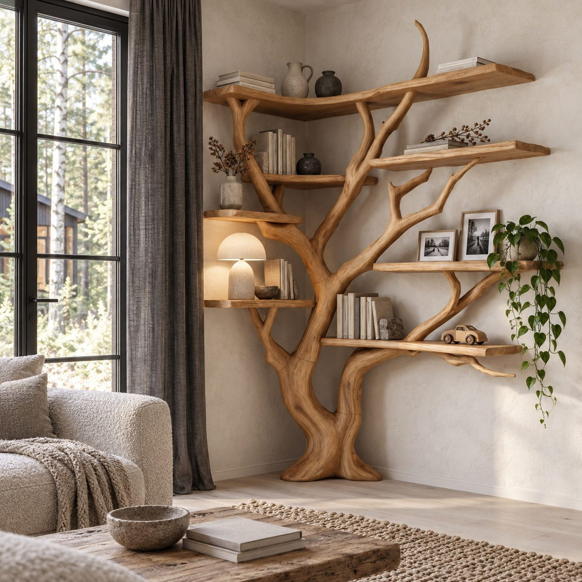 Corner Tree Bookshelf with Long Wraparound Top Shelf and Asymmetric Branch Shelves, Modern Organic