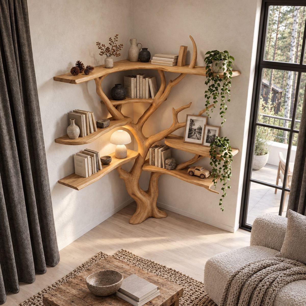 Corner Tree Bookshelf with Long Wraparound Top Shelf and Asymmetric Branch Shelves, Modern Organic