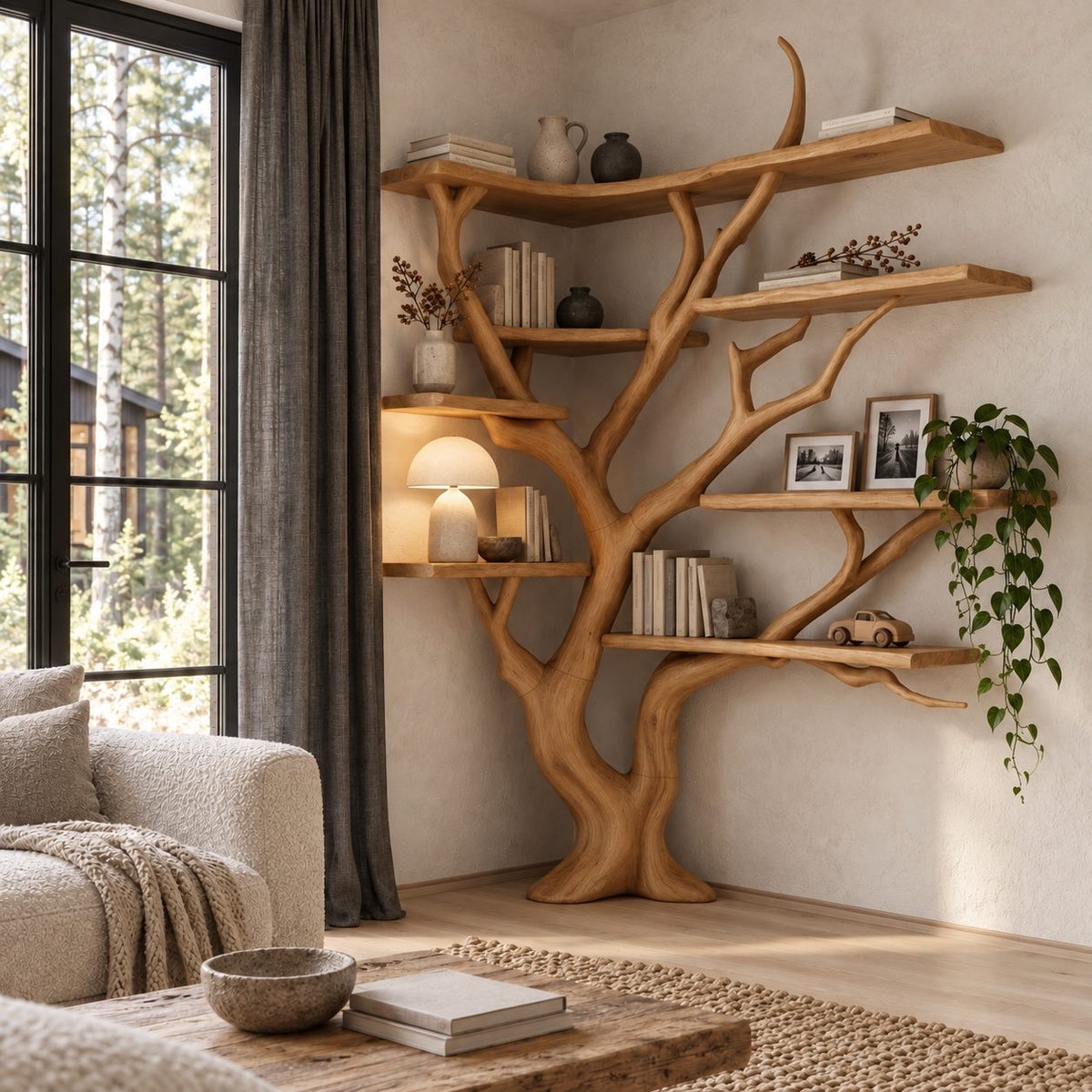 Corner Tree Bookshelf with Long Wraparound Top Shelf and Asymmetric Branch Shelves, Modern Organic