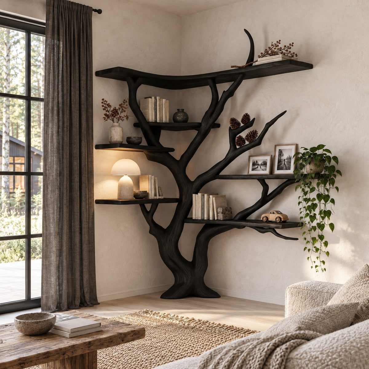 Corner Tree Bookshelf with Long Wraparound Top Shelf and Asymmetric Branch Shelves, Modern Organic
