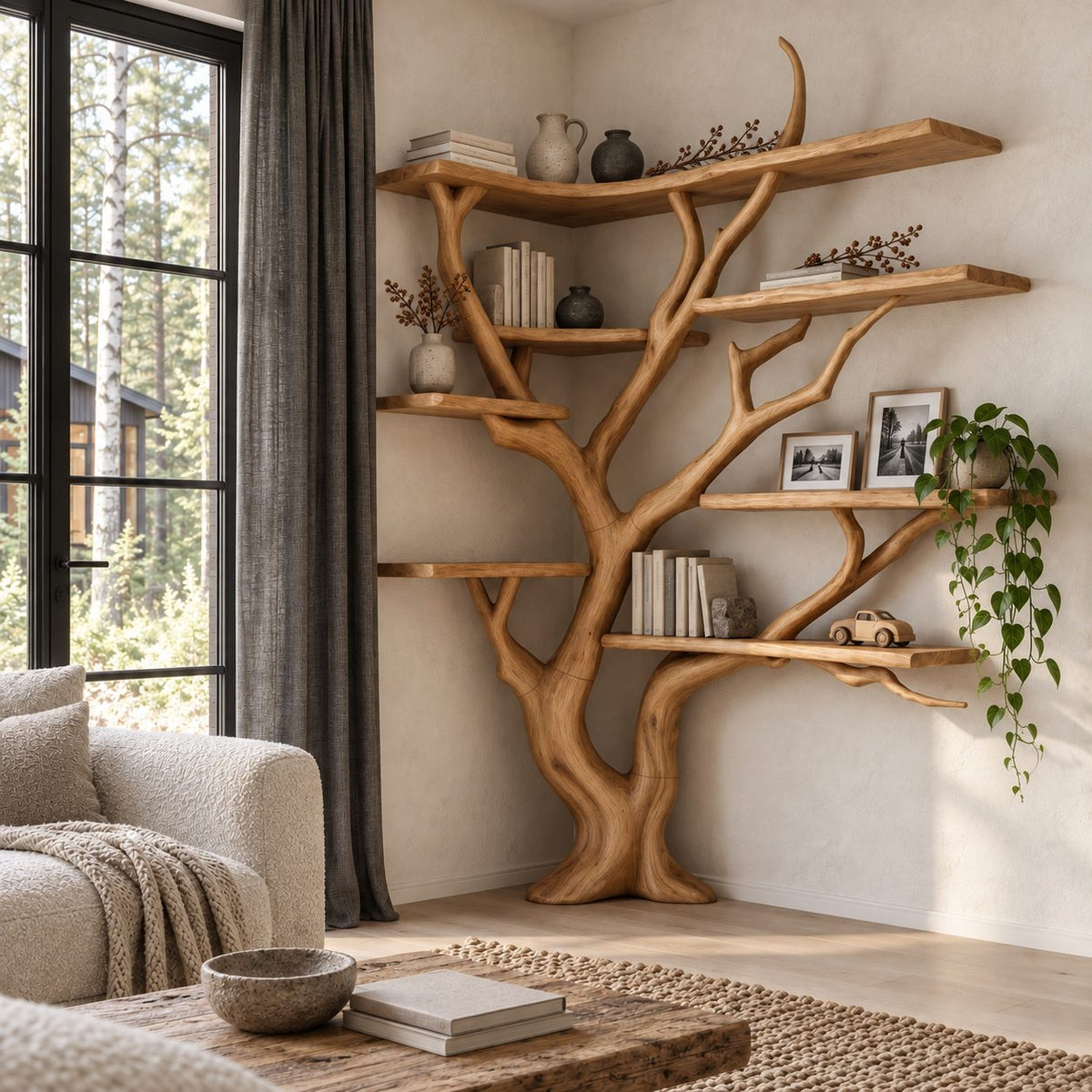 Corner Tree Bookshelf with Long Wraparound Top Shelf and Asymmetric Branch Shelves, Modern Organic