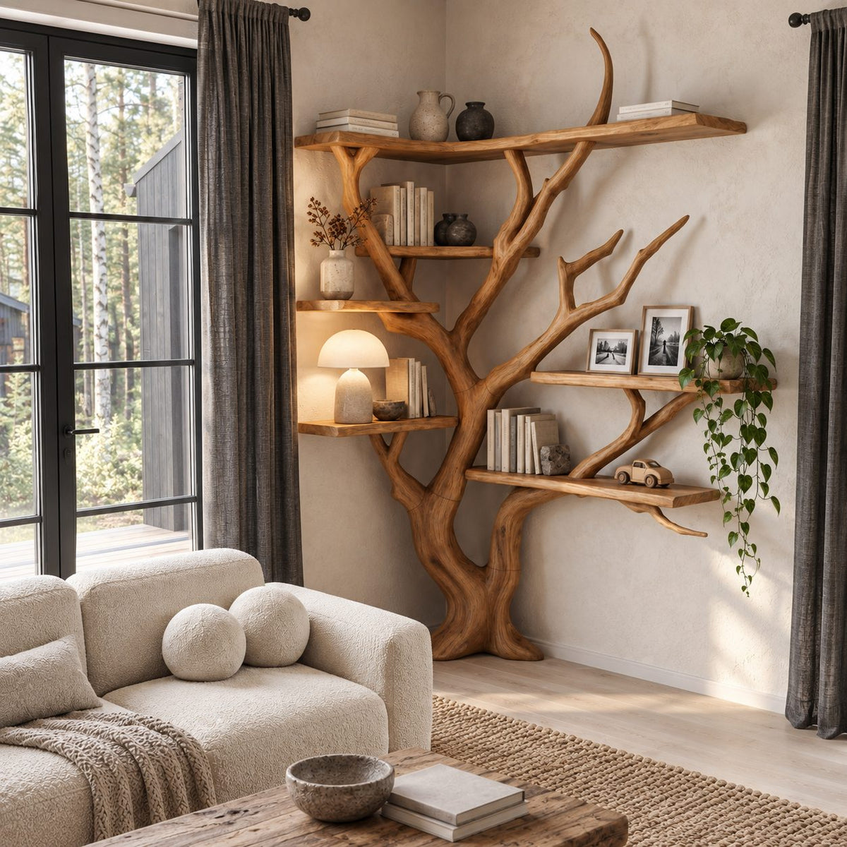 Corner Tree Bookshelf with Long Wraparound Top Shelf and Asymmetric Branch Shelves, Modern Organic