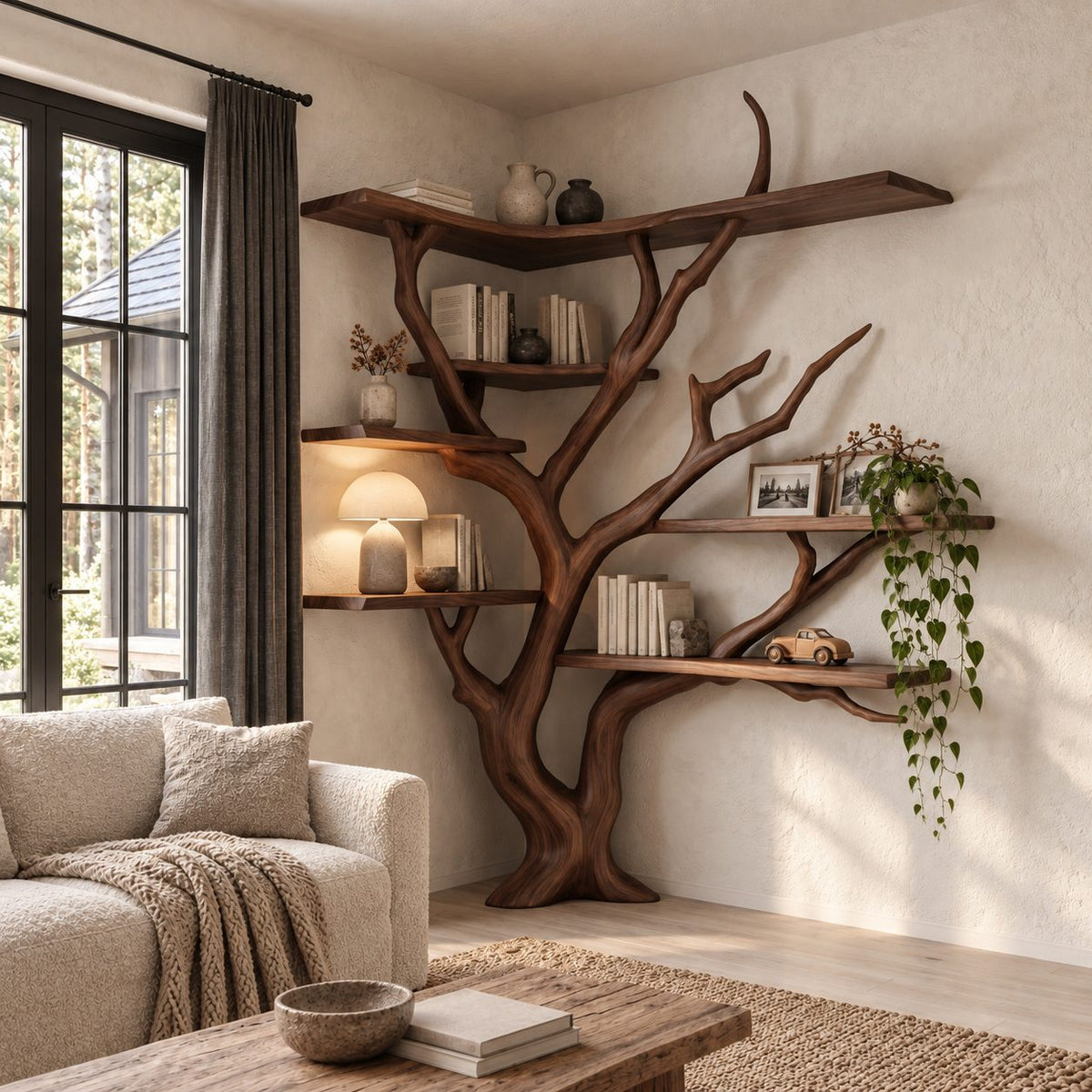 Corner Tree Bookshelf with Long Wraparound Top Shelf and Asymmetric Branch Shelves, Modern Organic