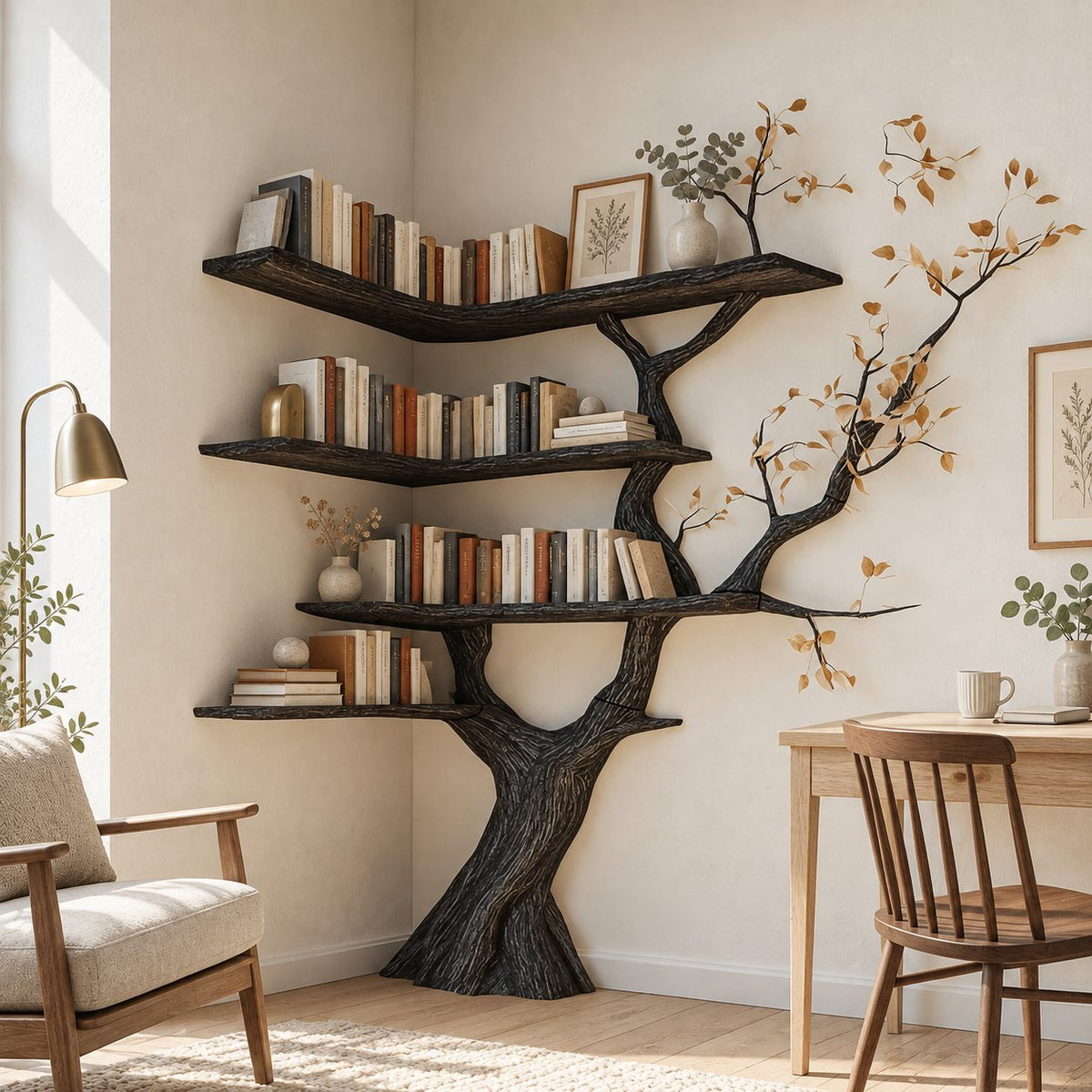 Corner Tree Bookshelf with Sculpted Trunk and Wraparound V Shaped Shelves, Space Saving Book Display