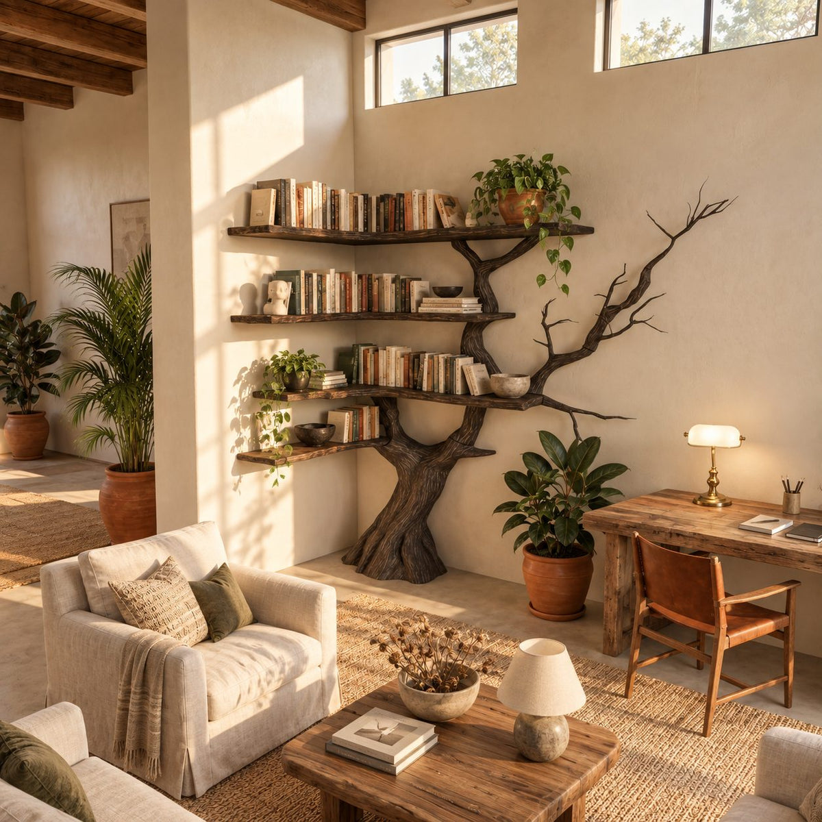 Corner Tree Bookshelf with Sculpted Trunk and Wraparound V Shaped Shelves, Space Saving Book Display