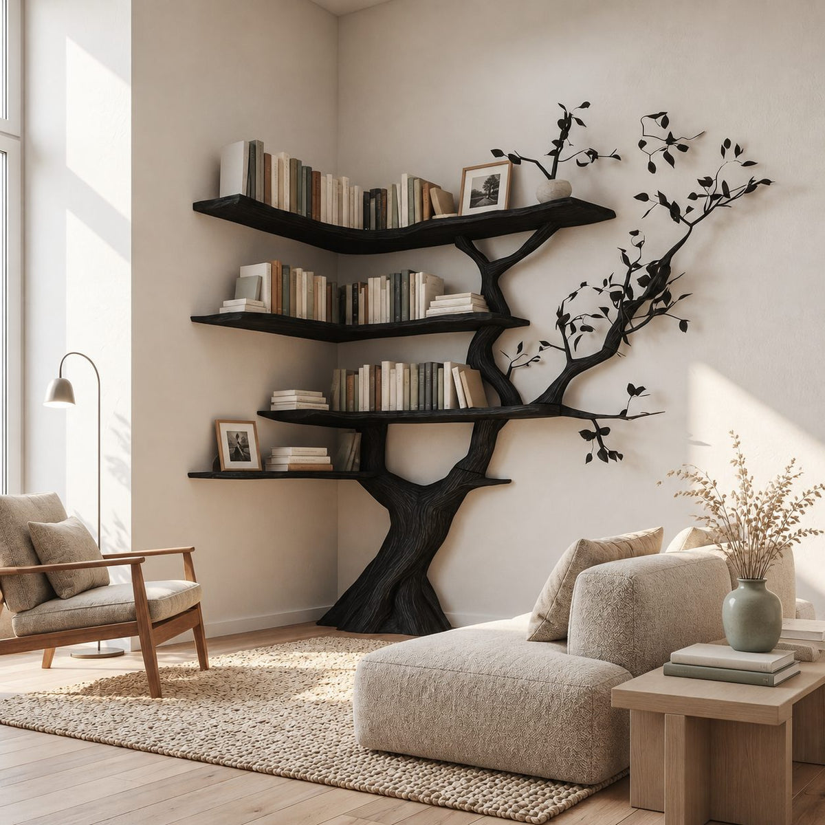 Corner Tree Bookshelf with Sculpted Trunk and Wraparound V Shaped Shelves, Space Saving Book Display