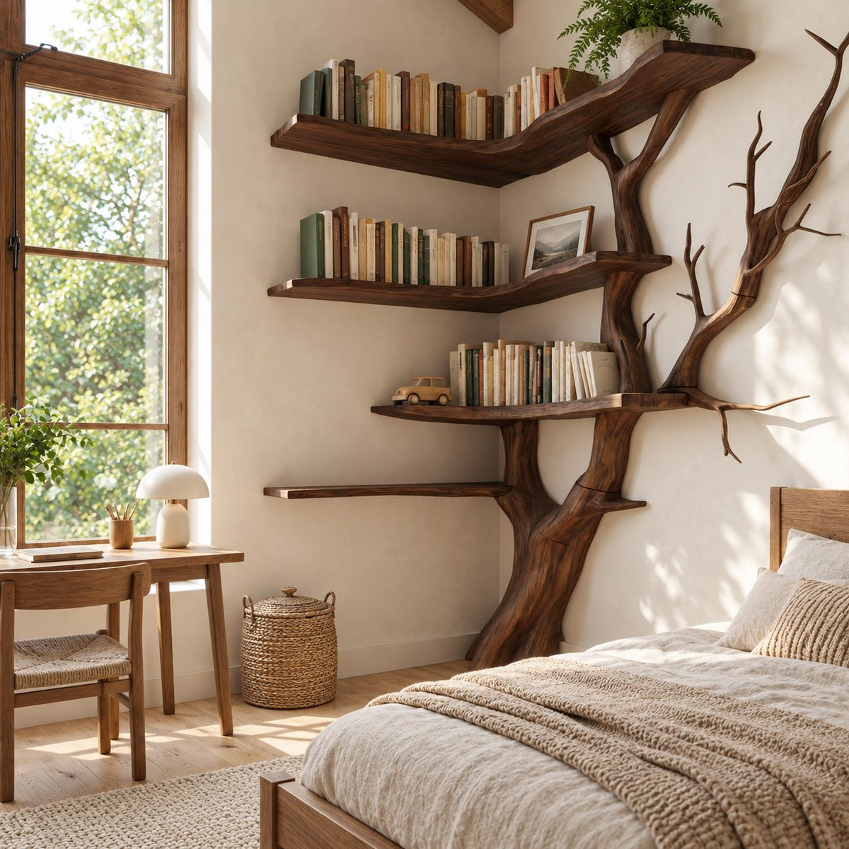Corner Tree Bookshelf with Sculpted Trunk and Wraparound V Shaped Shelves, Space Saving Book Display