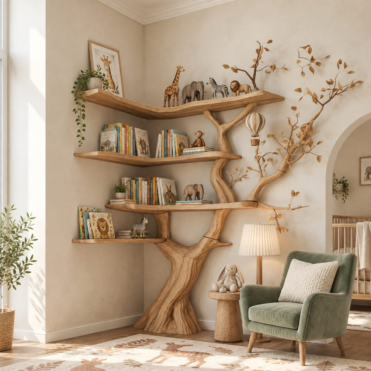 Corner Tree Bookshelf with Sculpted Trunk and Wraparound V Shaped Shelves, Space Saving Book Display