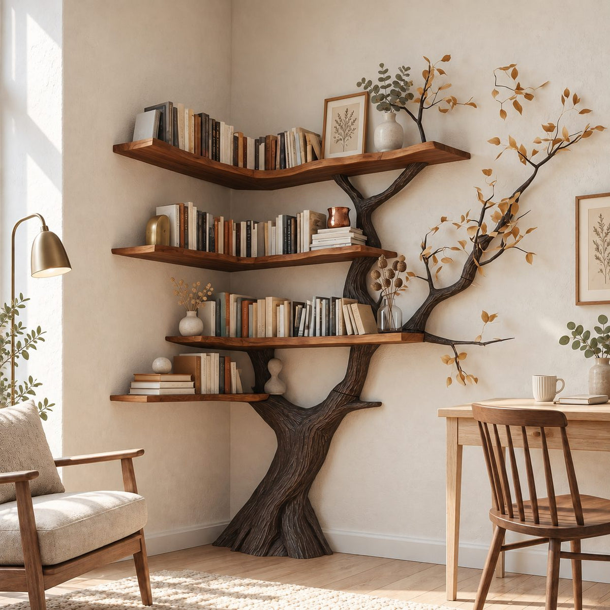 Corner Tree Bookshelf with Sculpted Trunk and Wraparound V Shaped Shelves, Space Saving Book Display