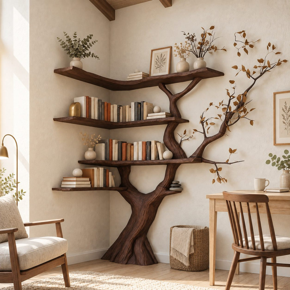 Corner Tree Bookshelf with Sculpted Trunk and Wraparound V Shaped Shelves, Space Saving Book Display