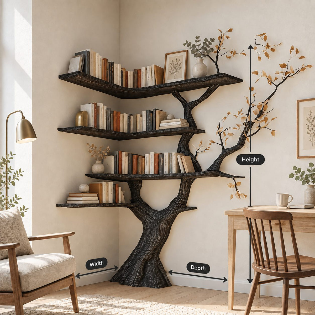 Corner Tree Bookshelf with Sculpted Trunk and Wraparound V Shaped Shelves, Space Saving Book Display