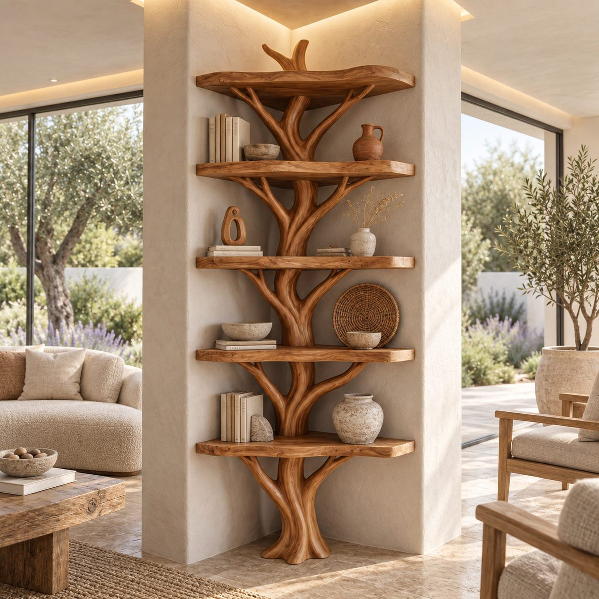 Narrow Corner Tree Bookshelf with Six Rounded Live Edge Shelves and Sculpted Branch Trunk, 80 Inch