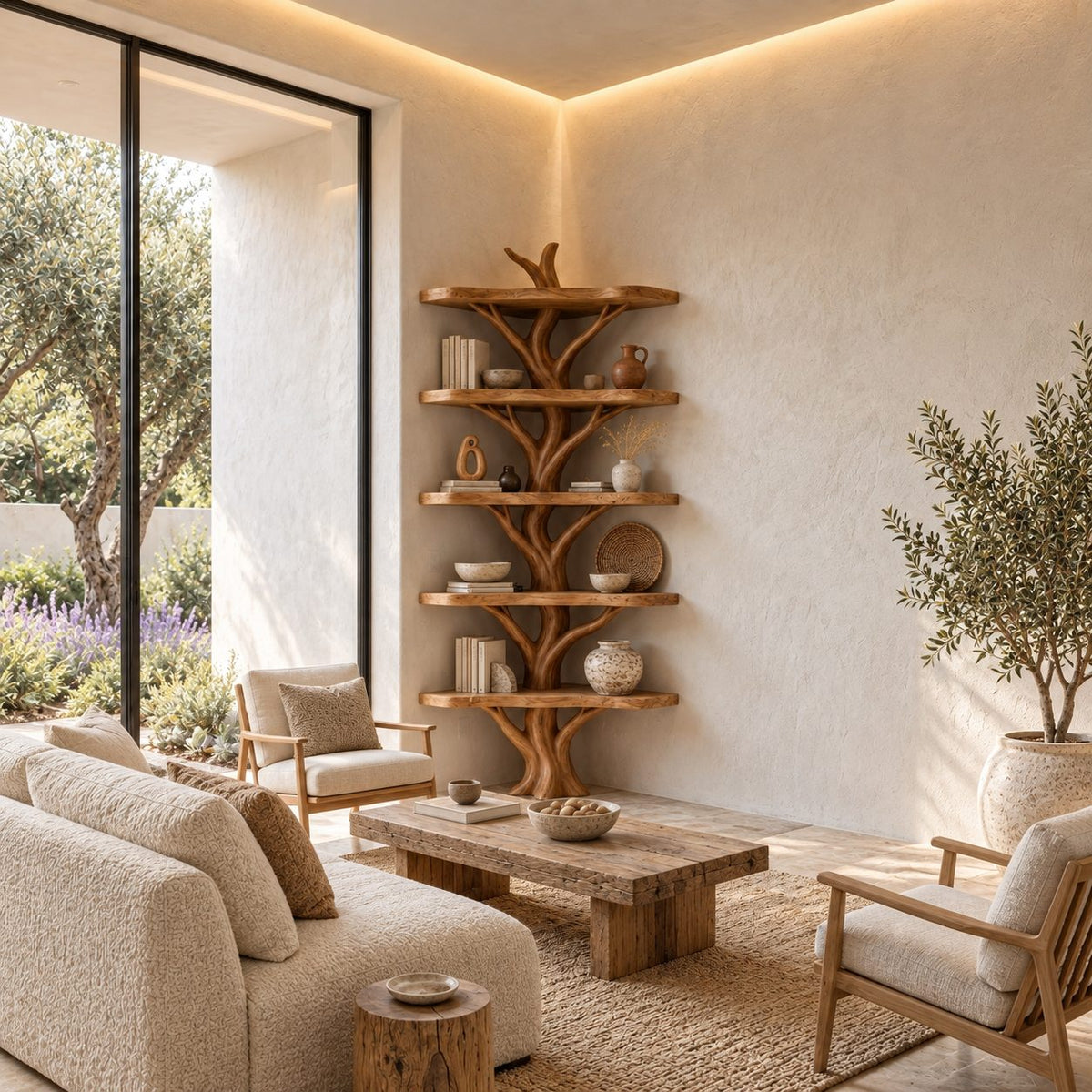 Narrow Corner Tree Bookshelf with Six Rounded Live Edge Shelves and Sculpted Branch Trunk, 80 Inch