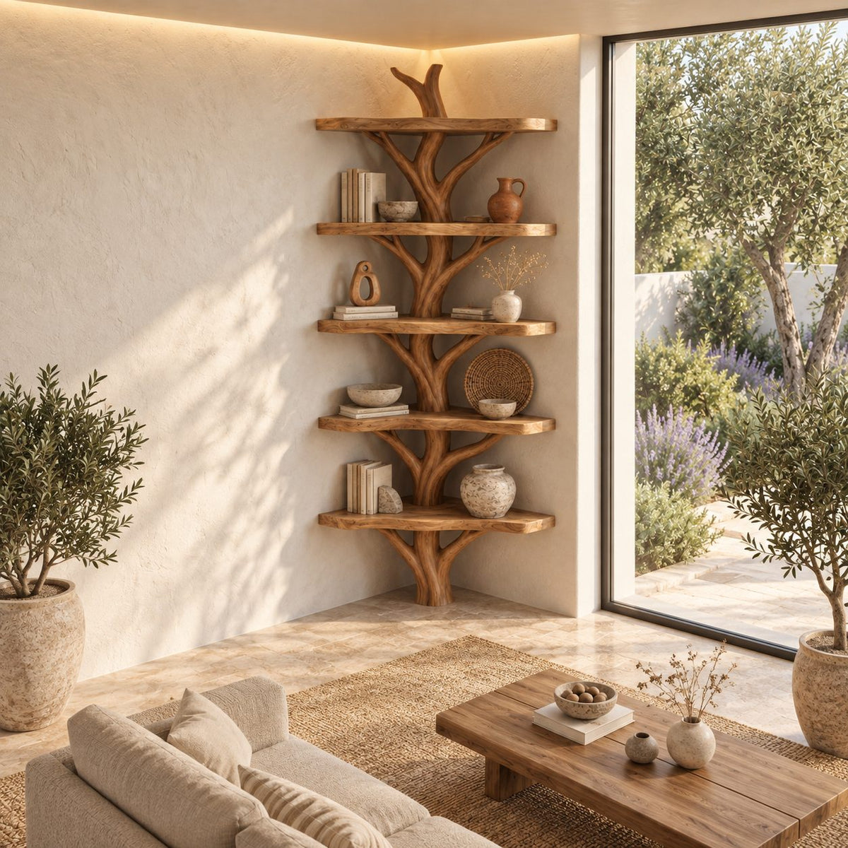 Narrow Corner Tree Bookshelf with Six Rounded Live Edge Shelves and Sculpted Branch Trunk, 80 Inch