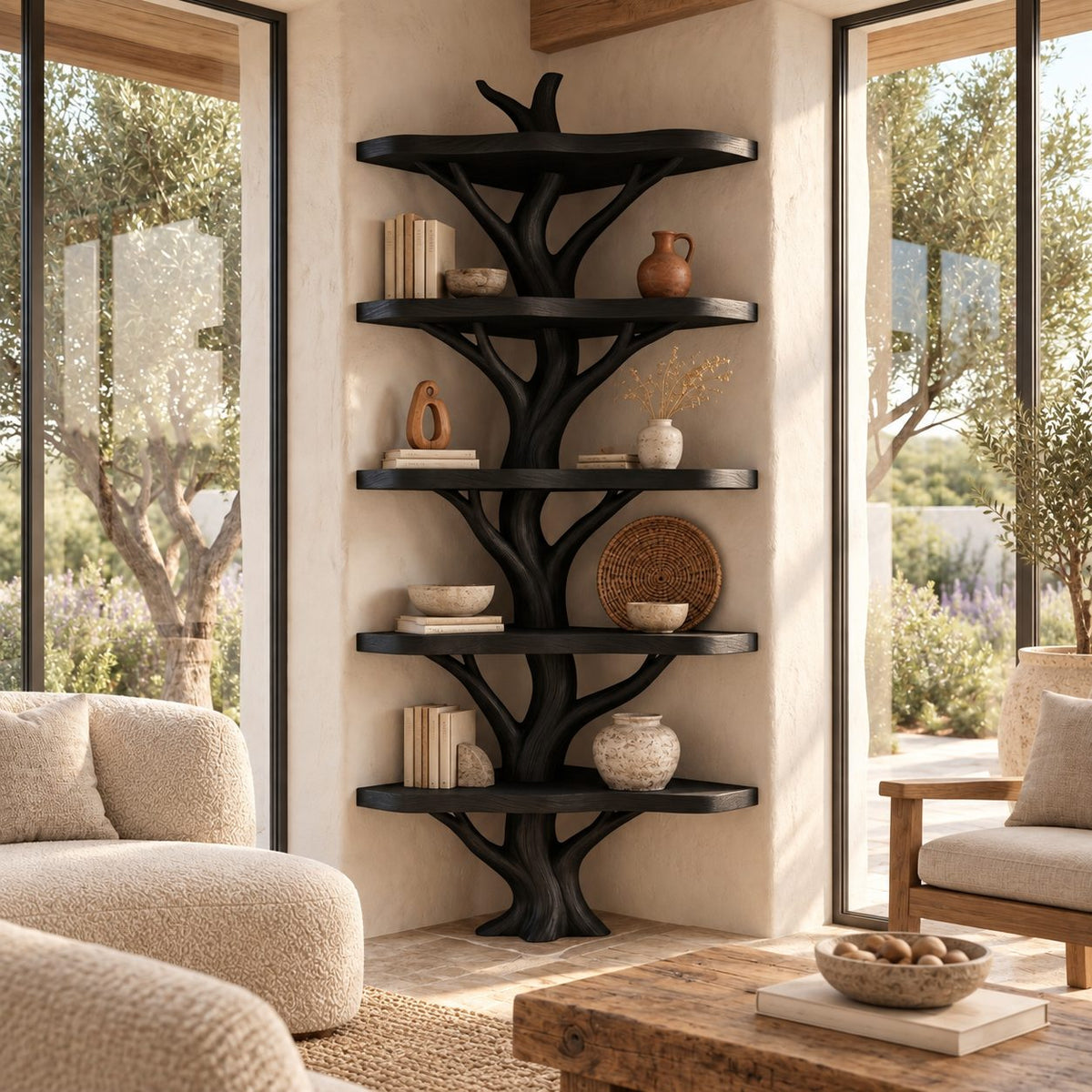 Narrow Corner Tree Bookshelf with Six Rounded Live Edge Shelves and Sculpted Branch Trunk, 80 Inch