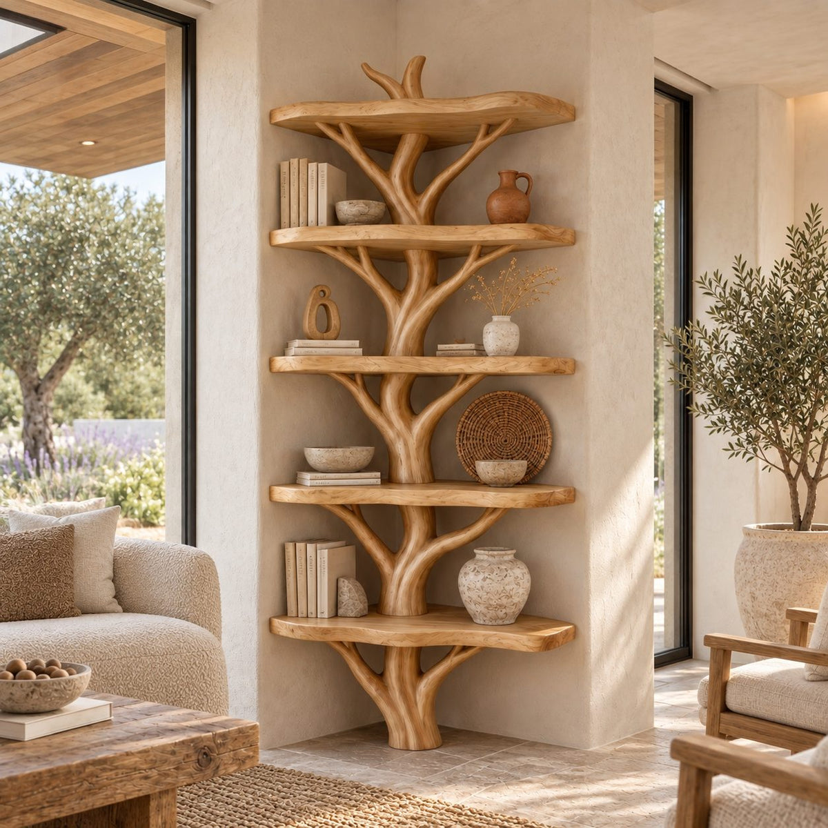 Narrow Corner Tree Bookshelf with Six Rounded Live Edge Shelves and Sculpted Branch Trunk, 80 Inch