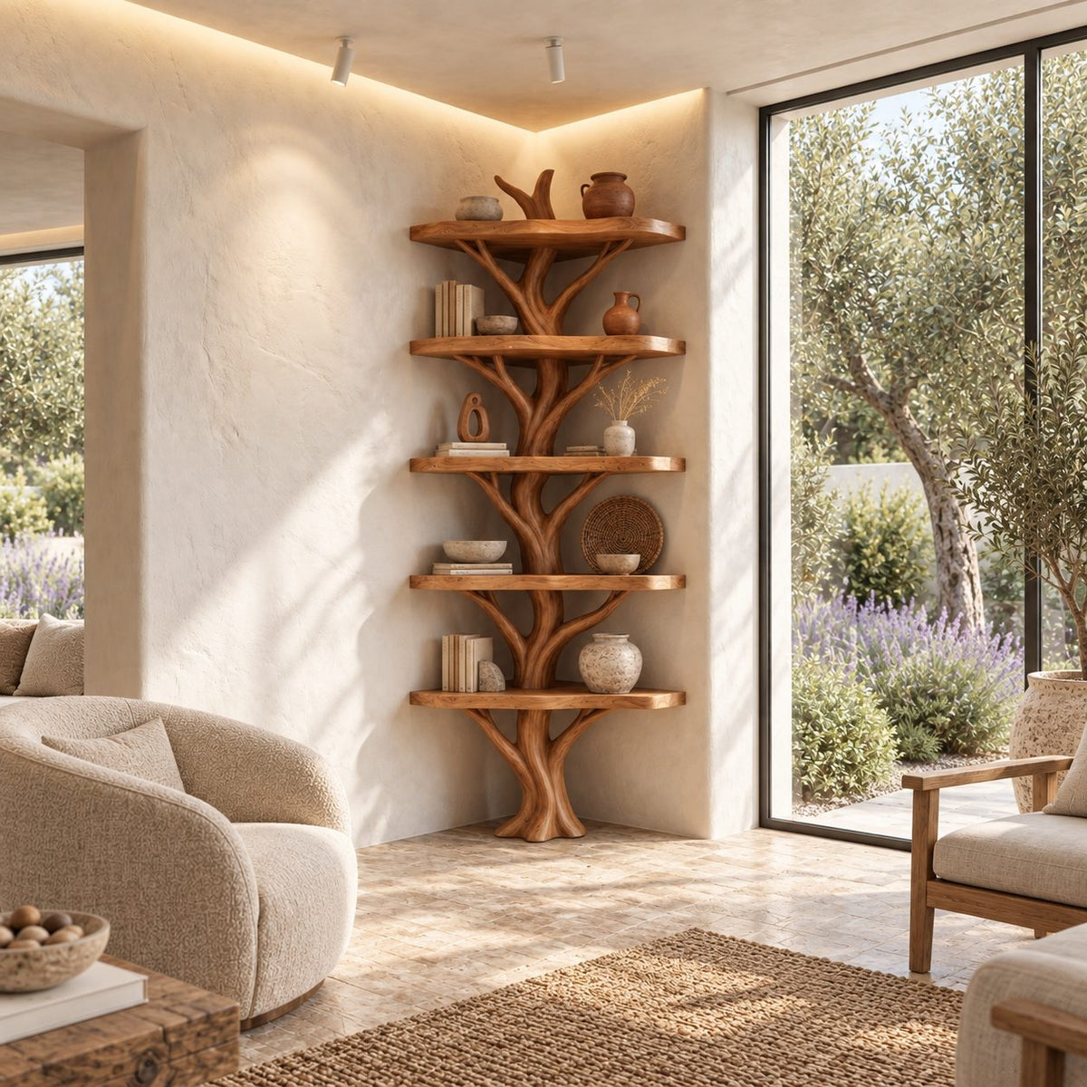 Narrow Corner Tree Bookshelf with Six Rounded Live Edge Shelves and Sculpted Branch Trunk, 80 Inch