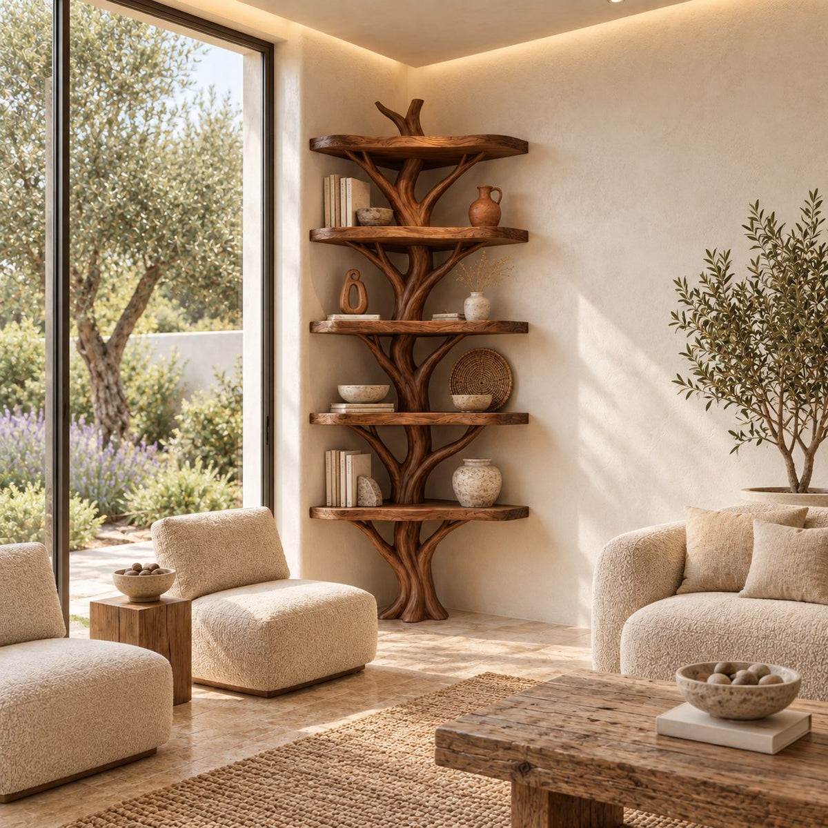 Narrow Corner Tree Bookshelf with Six Rounded Live Edge Shelves and Sculpted Branch Trunk, 80 Inch