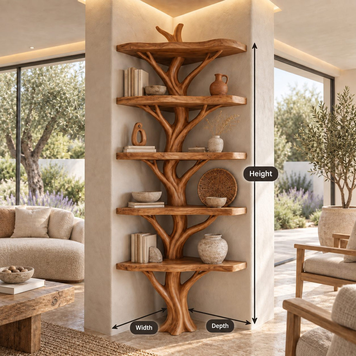 Narrow Corner Tree Bookshelf with Six Rounded Live Edge Shelves and Sculpted Branch Trunk, 80 Inch